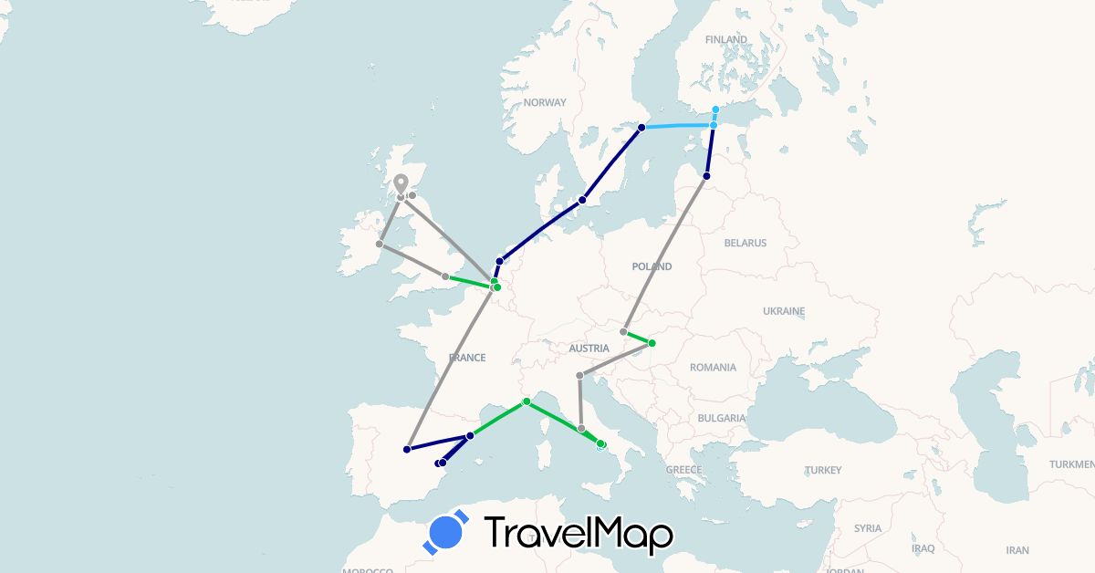 TravelMap itinerary: driving, bus, plane, boat in Austria, Belgium, Denmark, Estonia, Spain, Finland, France, United Kingdom, Hungary, Ireland, Italy, Latvia, Monaco, Netherlands, Sweden (Europe)